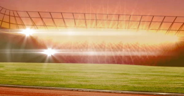 Sammansättning Tomma Sportstadion Med Glödande Orange Spotlights Idrotts Och Tävlingskoncept — Stockfoto