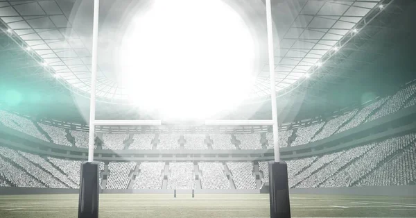 Složení Rugby Míče Prázdného Sportovního Stadionu Zářivými Reflektory Sport Soutěžní — Stock fotografie