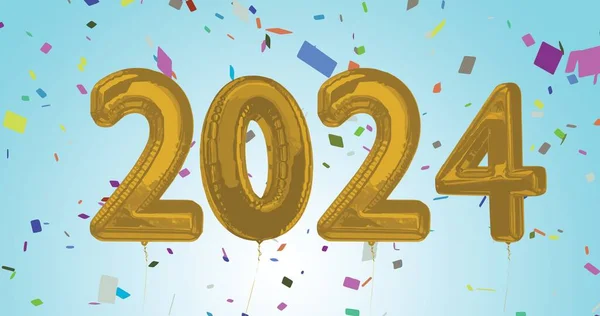 2024 Altın Balon Numarası Mavi Arka Planda Konfeti Kompozisyonu Yeni — Stok fotoğraf