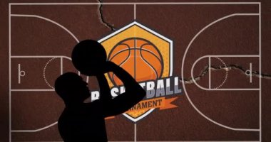 Basketbol sahasının arka planında basketbol oyuncusunun silüetinin canlandırılması. spor ve yarışma konsepti dijital olarak oluşturulmuş video.