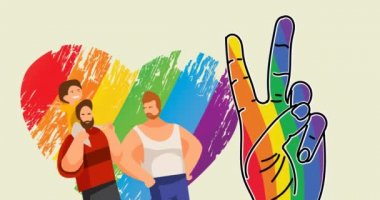 Gökkuşağı renkli kalp ve gri arka planda el barış işareti üzerinde çocuklu bir erkek eşcinsel çift. gay gururu ve lgbt konsepti