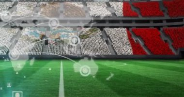 Bağlantı ağı animasyonu, spor stadyumundaki boş stantlarda Meksika bayrağı üzerinde dünya haritası. küresel ağ, spor ve şampiyonluk konsepti dijital olarak oluşturulmuş video.