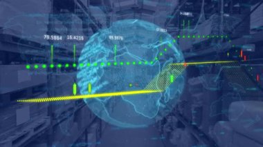 Tüm dünyada ve depoda finansal veri işleme animasyonu. küresel finans, bağlantılar ve teknoloji konsepti dijital olarak oluşturulmuş video.