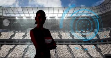 Spor stadyumunda veri işleme ve bayan sporcu animasyonu. Spor etkinliği ve yarışma konsepti dijital olarak oluşturulmuş video.