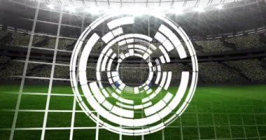 Spor stadyumundaki boş tribünleri tarayan bir animasyon. küresel ağ, spor ve şampiyonluk konsepti dijital olarak oluşturulmuş video.