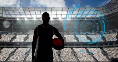Spor stadyumunda veri işleme ve erkek basketbolcu animasyonu. Spor etkinliği ve yarışma konsepti dijital olarak oluşturulmuş video.