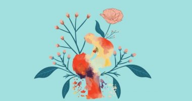 Mavi arka planda pembe çiçekli bebeği kaldıran anne figürünün animasyonu. Doğa, bahar, doğum, annelik ve refah konsepti, dijital olarak üretilen video.