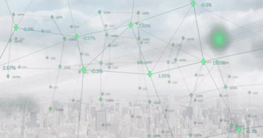 Şehir manzarası üzerindeki bağlantı ağının animasyonu. küresel bağlantılar, dijital arayüz ve teknoloji konsepti dijital olarak oluşturulmuş video.