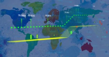Dünya haritası üzerinde veri işleme animasyonu. küresel seyahat, bağlantılar ve teknoloji konsepti dijital olarak oluşturulmuş video.