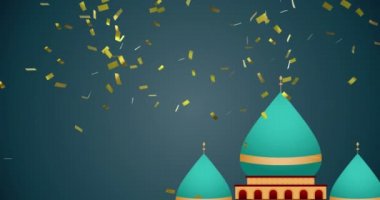 Arap tarzı çatıların animasyonu, hilal, lambalar ve mavi üzerine konfeti düşen yıldızlar. Müslüman Arap geleneksel festival konsepti, dijital olarak üretilen video.