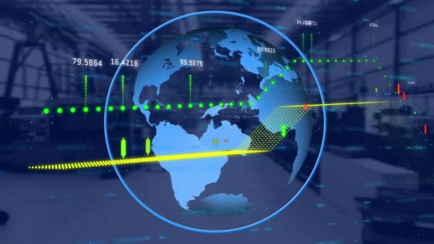 Animação Processamento Dados Globo Girando Sobre Armazém Conceito Global Transporte — Vídeo de Stock