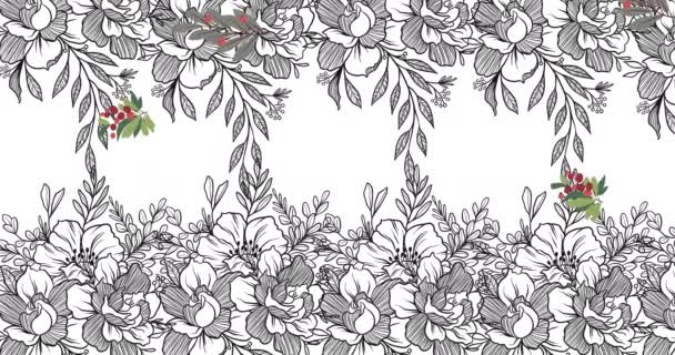 Animation Leaves Berries Falling Black White Foliage Flower Design Background — Stock Video