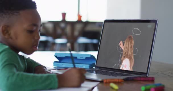 Afroamerikansk Pojke Sitter Vid Skrivbordet Med Laptop Har Online Skola — Stockvideo