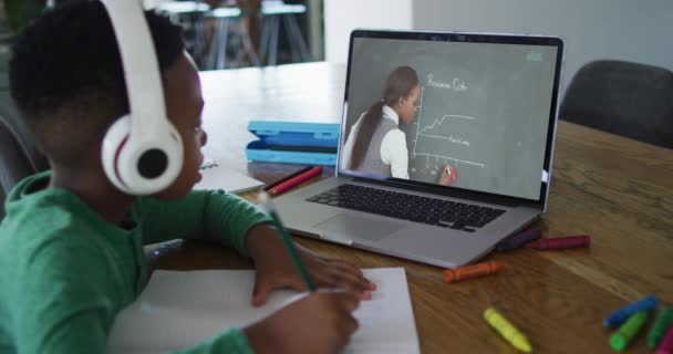非洲裔美国男孩一边做作业 一边在家里用笔记本电脑与女教师进行视频通话 远程学习和网上教育概念 — 图库视频影像