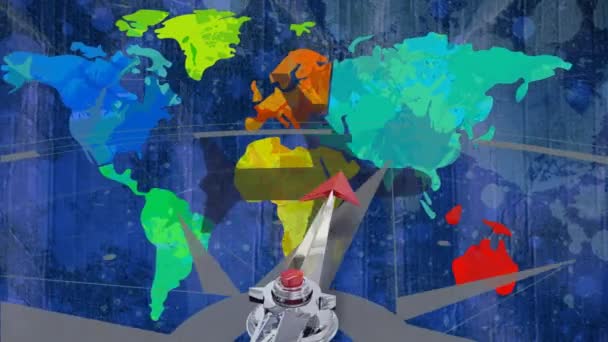 Animación Brújula Moviéndose Sobre Mapa Del Mundo Conexiones Globales Concepto — Vídeo de stock