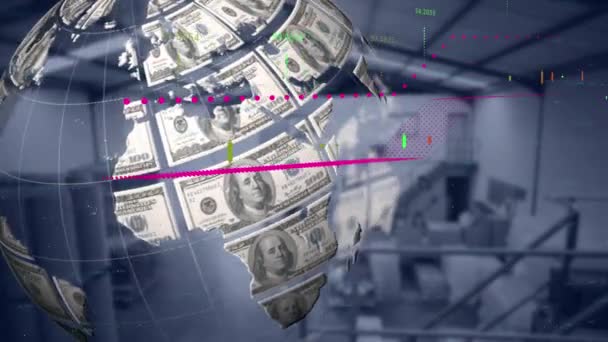 Animación Globo Formado Con Dólares Americanos Girando Procesamiento Estadístico Sobre — Vídeos de Stock