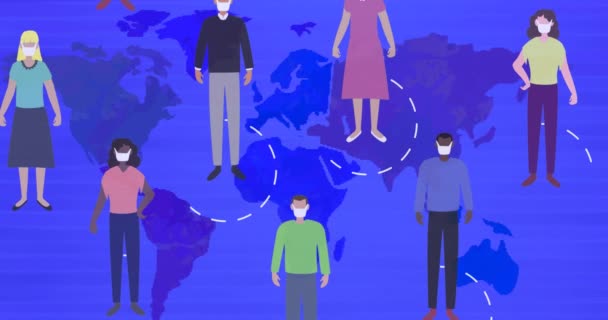 Animacja Ludzi Maskach Mapie Świata Globalna Pandemia Połączenia Koncepcja Technologii — Wideo stockowe