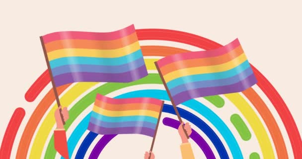 Animasi Tangan Digital Memegang Bendera Kebanggaan Gay Atas Lingkaran Pelangi — Stok Video