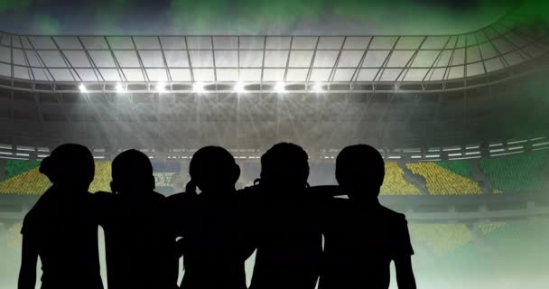 Animation Der Silhouetten Von Sportlerinnen Mit Brasilianischer Flagge Über Dem — Stockvideo