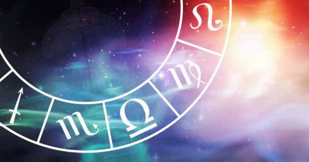 Zusammensetzung Des Sternzeichensymbols Sich Drehenden Tierkreisrad Über Glühenden Sternen Horoskop — Stockvideo