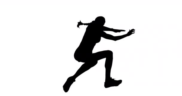 白色背景下的女跳高者的轮廓与语音泡沫的动画 体育与竞争概念数码视频 — 图库视频影像