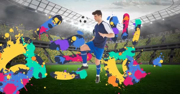 Animatie Van Voetballer Met Bal Kleurrijke Handafdrukken Sportstadion Sport Concurrentie — Stockvideo