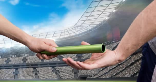 Animation Athlete Hands Passing Relay Baton Sports Stadium Sports Event — Stock Video