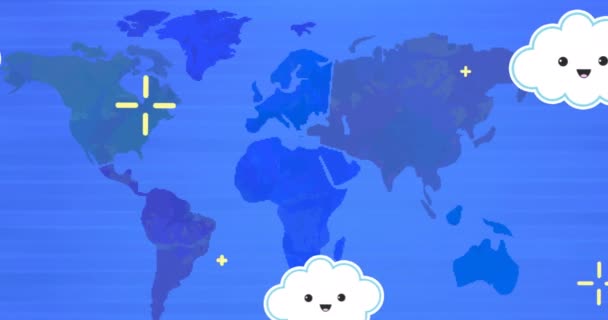 Animation White Clouds Flying World Map Global Connections Technology Concept — Stock Video