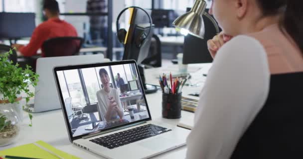 Caucasian Woman Having Video Call Female Colleague Laptop Office Business — Stock Video