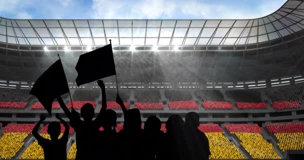 Animacja Sylwetek Kibiców Sportowych Wiwatujących Niemiecką Flagą Nad Stadionem Sportowym — Wideo stockowe