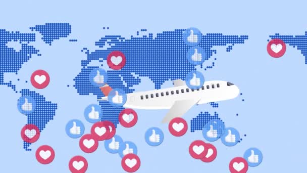 Animacja Samolotu Miłości Jak Ikony Mediów Społecznościowych Latające Nad Mapą — Wideo stockowe