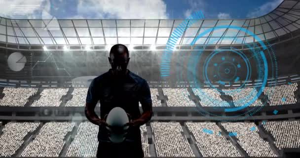 Animation Traitement Des Données Joueur Rugby Tenant Ballon Sur Stade — Video