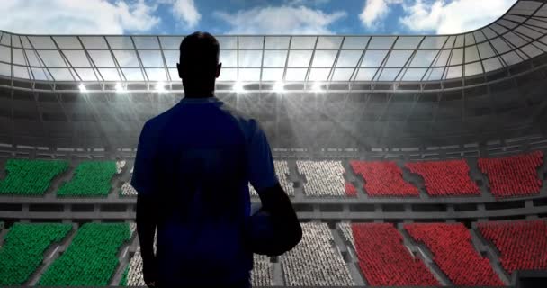 スポーツスタジアムでイタリアの国旗を掲揚するサッカー選手のリアビューのアニメーション スポーツイベントと競争の概念デジタル生成ビデオ — ストック動画
