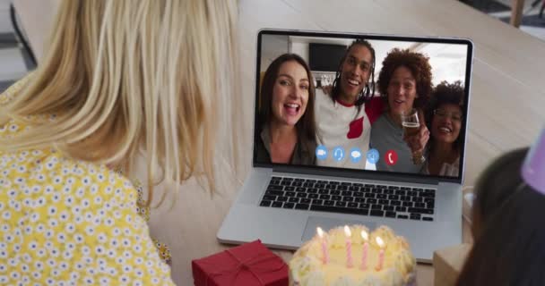 Caucasian Mother Daughter Sitting Table Using Laptop Having Birthday Video — Stock Video