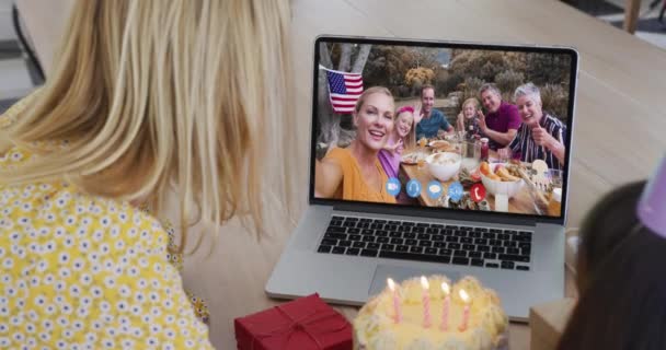 Caucasian Mother Daughter Sitting Table Using Laptop Having Birthday Video — Stock Video