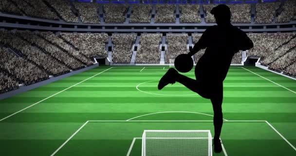 Animation Silhouettes Joueurs Football Donnant Coup Pied Ballon Sur Stade — Video