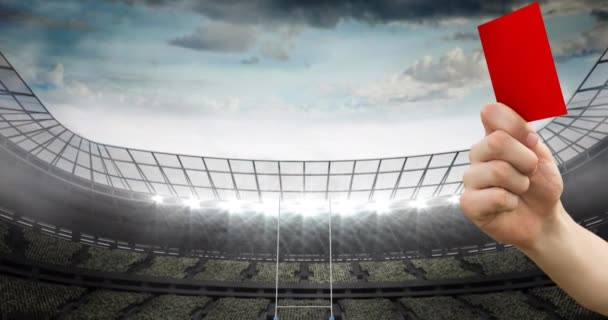 Animacja Sędziego Trzymającego Czerwoną Kartę Boisku Rugby Stadionie Sportowym Globalne — Wideo stockowe