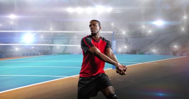 在体育场和聚光灯上的男性网球运动员的动画 体育活动及比赛概念数码录影 — 图库视频影像