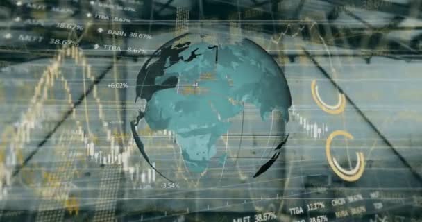 Animace Spinning Globe Zpracování Finančních Dat Globální Finance Propojení Koncepce — Stock video