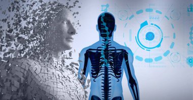 İnsan röntgeni ve tıbbi arayüzle parçalanmış insan modelinin bileşimi. küresel tıp, araştırma ve dijital arayüz kavramı dijital olarak oluşturulmuş görüntü.