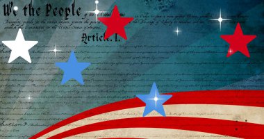 Composition of stars and stripes of american flag over american constitution text on blue background. patriotism and celebration concept digitally generated image.