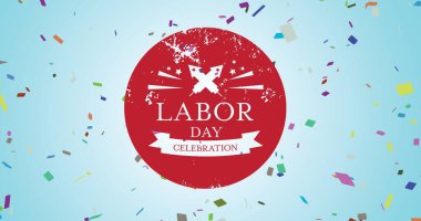 İşçi bayramının kutlama metni ve konfetisinin mavi arka plan üzerindeki bileşimi. Vatanseverlik ve kutlama konsepti dijital olarak oluşturulmuş imaj.