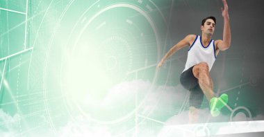 Dürbün taramasıyla atlayan erkek atlet kompozisyonu. Spor ve rekabet konsepti dijital olarak oluşturulmuş imaj.