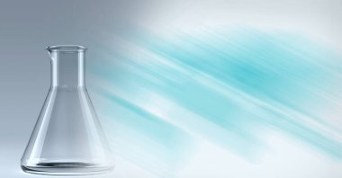 Sağında bulanık beyaz ve mavi kopya alanı olan boş kimya şişesinin bileşimi. Tıbbi ve bilimsel araştırma konsepti dijital olarak oluşturulmuş görüntü.