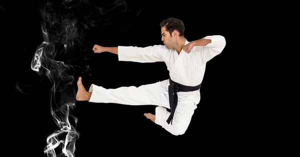 Sammansättning Manliga Kampsport Karate Artist Med Svart Bälte Luften Över — Stockfoto