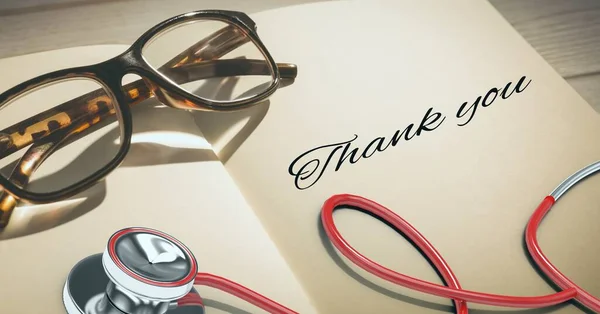 Stetoskop Gözlüklü Teşekkür Mesajı Kompozisyonu Tıp Sağlık Hizmetleri Minnettarlık Konsepti — Stok fotoğraf