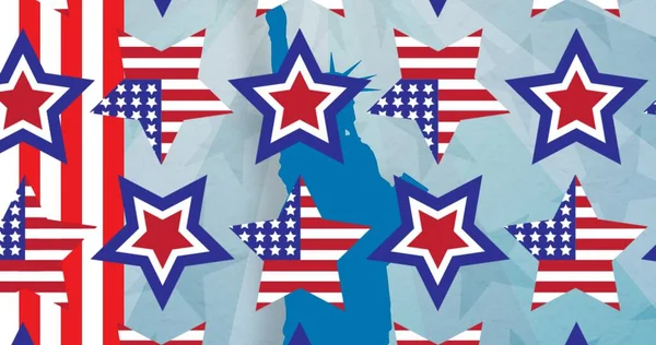 Skład Amerykańskiej Flagi Gwiazd Paski Nad Statuą Wolności Koncepcja Patriotyzmu — Zdjęcie stockowe