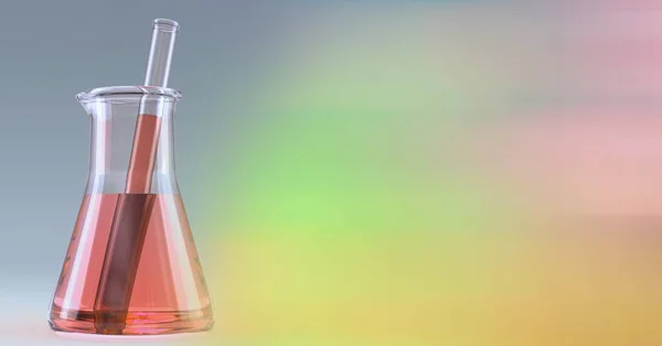 红色液体和搅拌器在瓶中的成分 与模糊的软彩色复制空间向右 医学和科学研究概念数字化生成的图像 — 图库照片