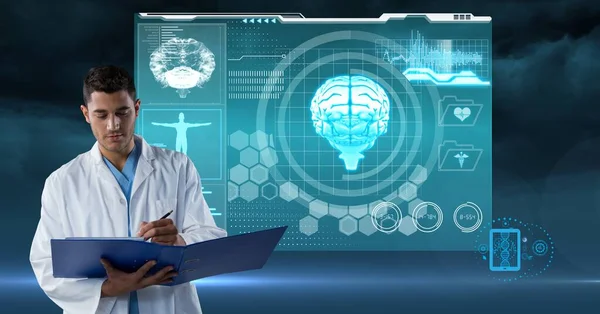 Composition of male doctor making notes and virtual medical research data interface screen. global medicine, research and digital interface concept digitally generated image.