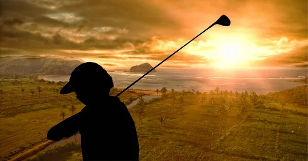 Összetétele Sziluett Golfjátékos Több Mint Táj Fénymásolás Helyet Sport Versenykoncepció — Stock Fotó